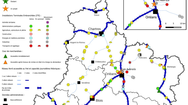 Image présentant un extrait de la cartographie régionale des infrastructures de fret ferroviaire en Centre-Val de Loire, réalisée par la DREAL Centre-Val de Loire en partenariat avec SNCF Réseau.