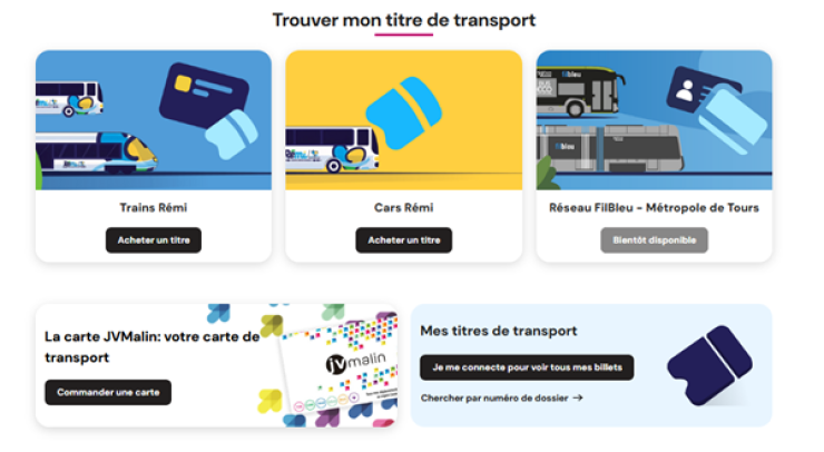 Image présentant l'interface du site Internet JVMalin pour trouver et acheter son titre de transport en trains Rémi, cars Rémi, sur le réseau Fil Bleu de la Métropole de Tours (bientôt disponible), commander une carte de transport JVMalin et se connecter à son espace personnel pour voir tous ses titres de transports.