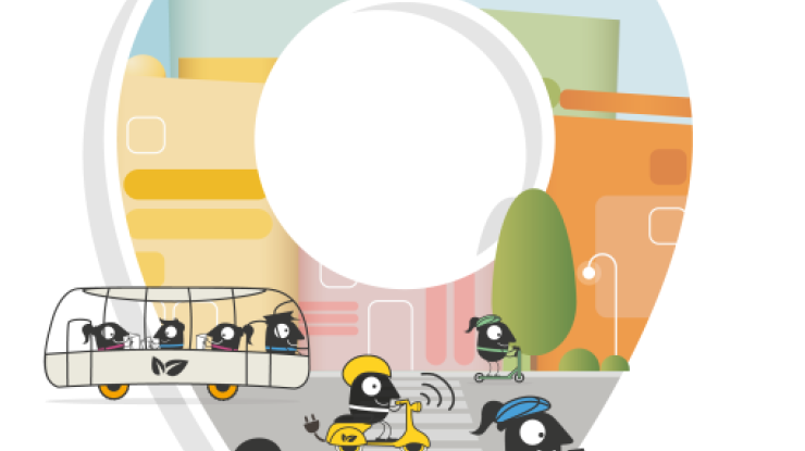 Logo de la Semaine Européenne de la Mobilité présentant divers personnages se déplaçant à vélo, en trottinette, en scooter électrique ou en bus dans un environnement urbain stylisé.